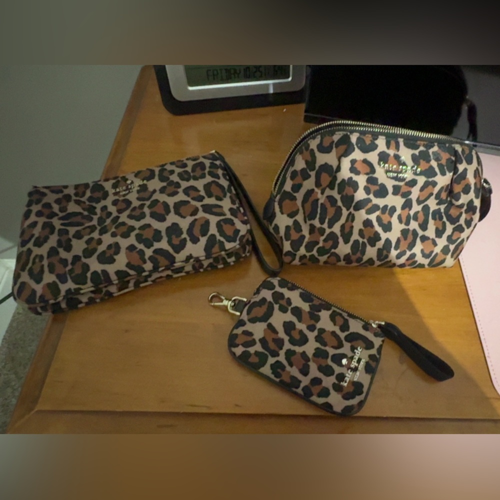 kate spade leopard id &card holder, wristlet, and cosmetic bag